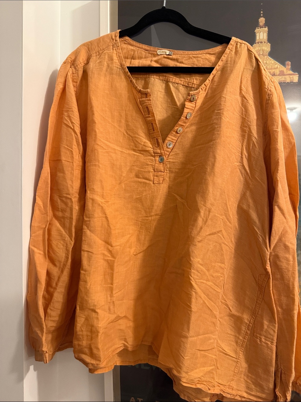 Matta Lightweight Linen Long-Sleeve Henley Blouse in Orange